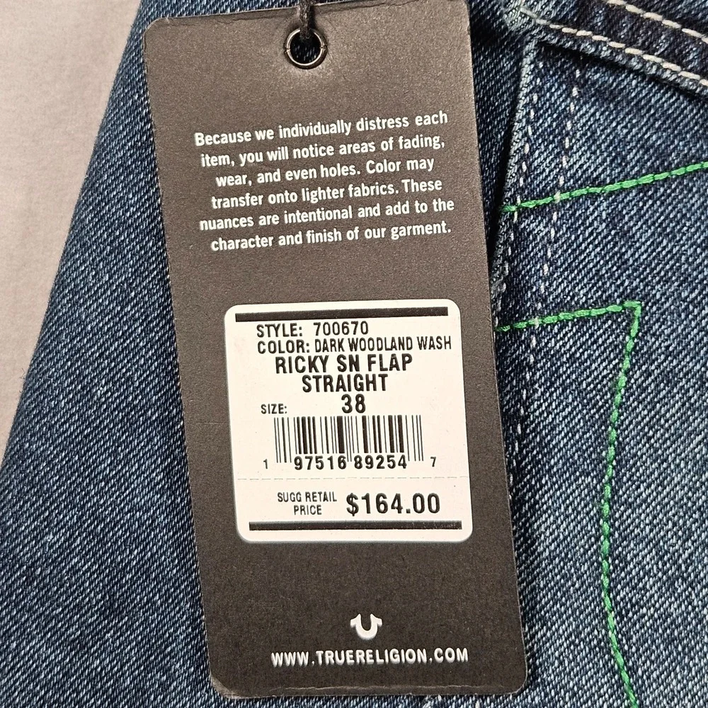 NEW True Religion Ricky Relaxed Straight Jeans Mens 38x34 Dark Wash Flap Pockets